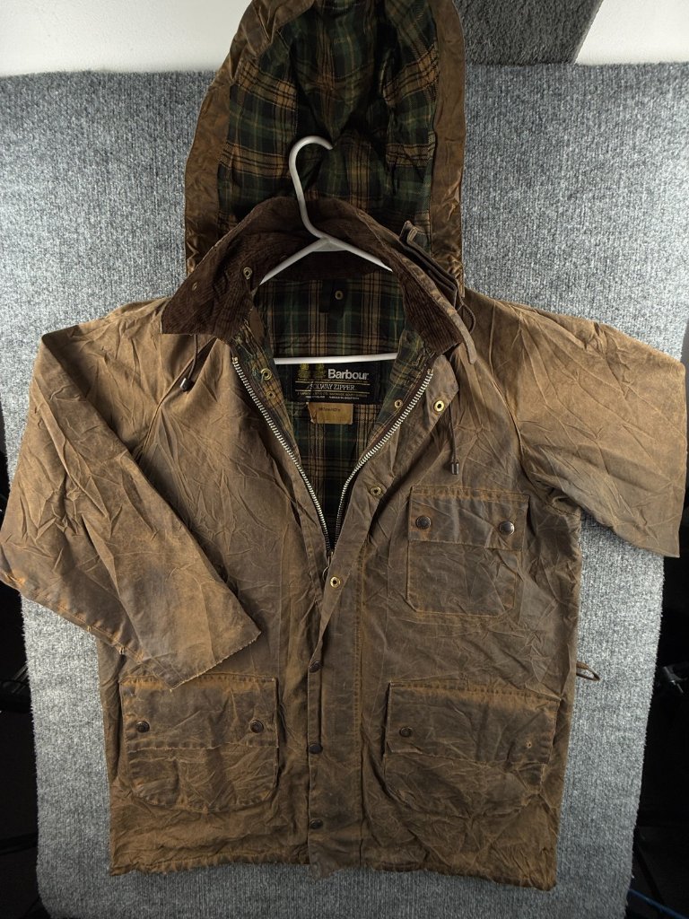 Vtg Barbour Solway Zipper Waxed Jacket Men Full Zip Size 42 Brown Hooded Lined